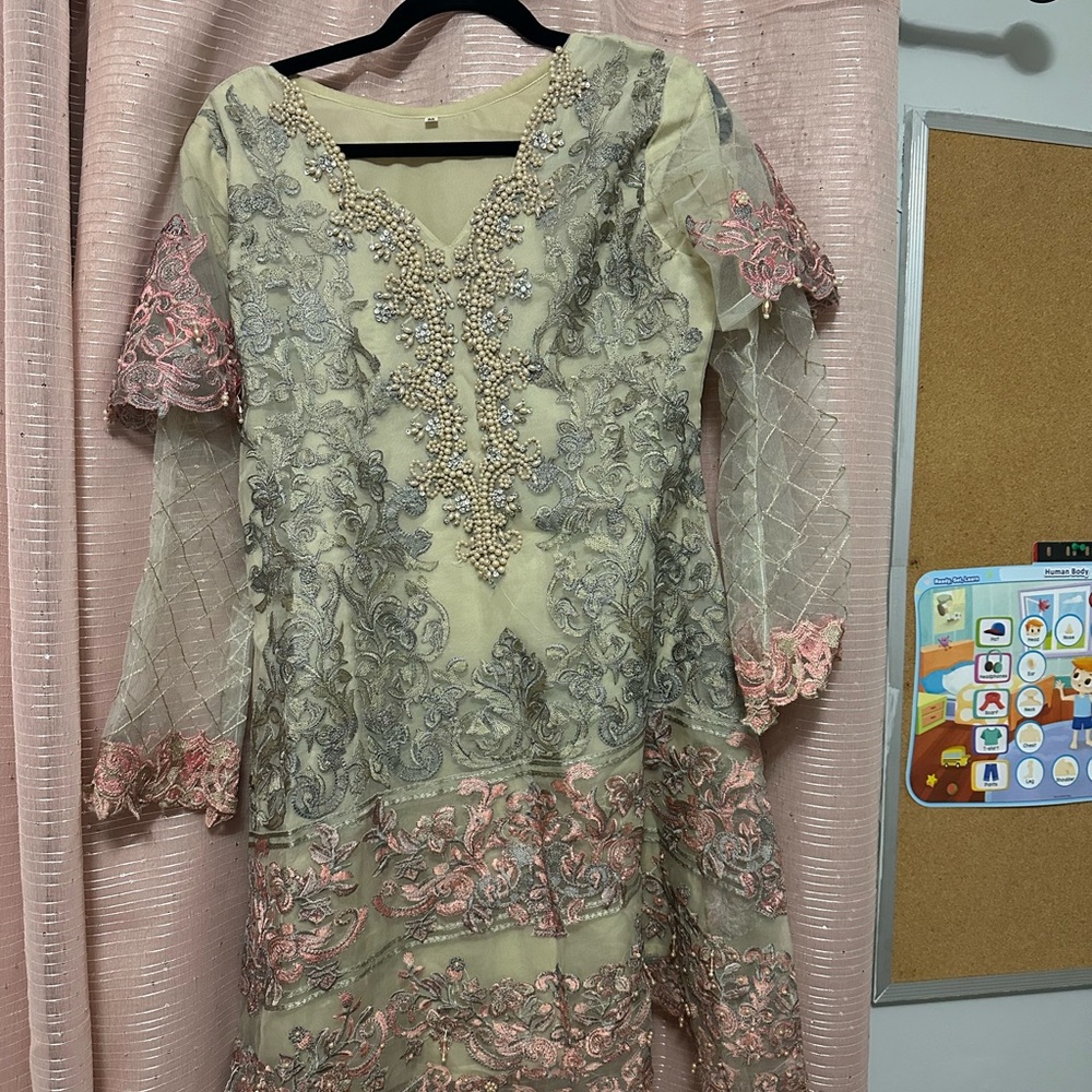 Elegant Embroidered Dress with Pink and Gray Accents